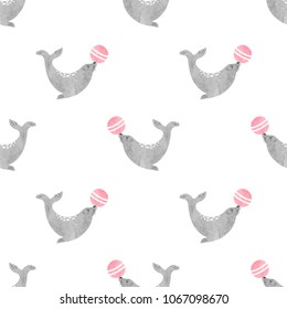 Seamless circus pattern with watercolor seal with ball. Vector childish background.
