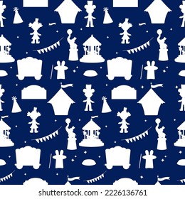 Seamless circus silhouette pattern on blue background. Circus with elements of carousel, tent, clown