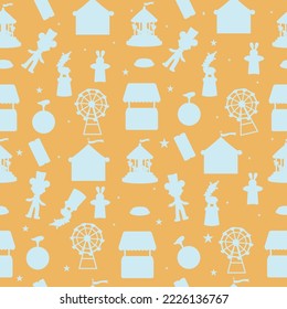 Seamless circus silhouette pattern on yellow background. Circus with elements 