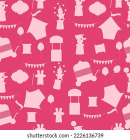 Seamless circus silhouette pattern in pink. Circus with elements 