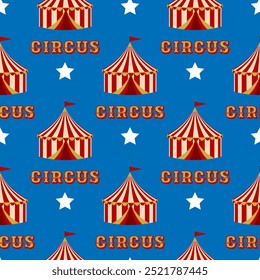 Un patrón de circo sin fisuras con carpas rojas y blancas, la palabra Circo y estrellas sobre un fondo azul. Para el diseño del carnaval, la decoración festiva, y la invitación del acontecimiento de los niños.