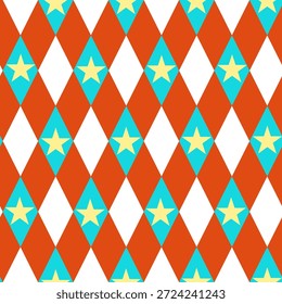 Patrón de diamante de estilo circo sin fisuras con estrellas amarillas en naranja, cian y blanco. Fondo geométrico juguetón brillante para los niños, diseños del partido, tela, papel de regalo, y Fondos de pantalla.