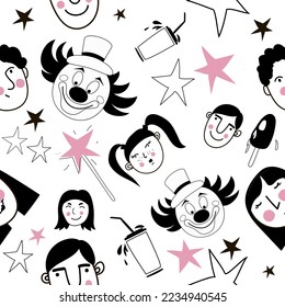 Seamless circus-themed pattern. Painted with funny faces of clowns and people, a magic wand, stars, ice cream and a drink with a straw. The template is made in black, white and pink colors. Vector