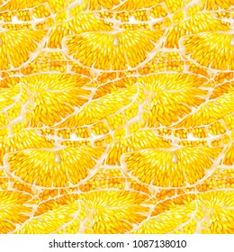 Seamless Cirtus orange tree slices pattern with realistic vector graphic design and bright colors. Slices in different positions and shapes