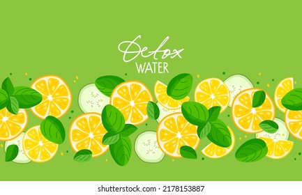 Seamless Citrus fruit with cucumber and mint leaves pattern. Fruit and vegetable and leaf border on green. Flat vector illustration For menu, pack, print design, poster, web banner. Detox water label.