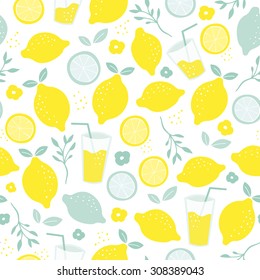 Seamless Citrus Fruit Lemon Juice Mocktail Lemonade Illustration Backgrounf Pattern Isolated On White In Vector