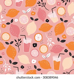 Seamless Citrus Fruit Orange Juice Mocktail Lemonade Illustration Backgrounf Pattern Isolated On White In Vector