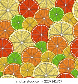 Seamless citrus fruit pattern. Pattern of orange, grapefruit, pomelo, lemon and lime slices. A vintage-style fruit pattern with full overlap.  For wrapping paper, fabrics, cards, banners, menus, etc.