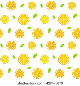Seamless citrus fruit pattern: oranges, lemons and leaves. Vector texture illustration.