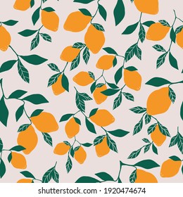 seamless citrus patern. light background. ripe lemons on a branch . vector texture. trendy print for textiles and wallpaper.