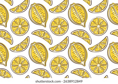 Seamless citrus pattern with flat lemons slice in yellow color on a white background. Perfect for fresh fruit packaging, kitchen decor and summer themed design.