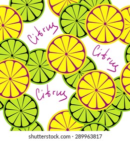 Seamless citrus pattern. Fruit vector background. Summer bright background with lemon and orange.