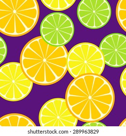 Seamless citrus pattern. Fruit vector background. Summer bright background with lemon and orange.