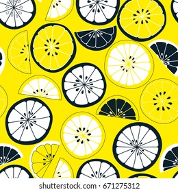 Seamless citrus pattern. Fruit vector background. Colorful background with lemon and orange. Natural and healthy food. Fresh juice