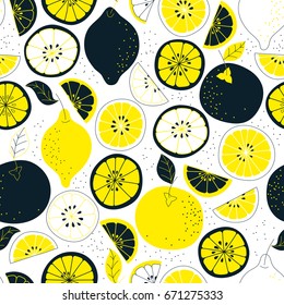 Seamless citrus pattern. Fruit vector background. Colorful background with lemon and orange. Natural and healthy food. Fresh juice