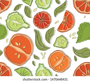 Seamless citrus pattern with grapefruit and bergamot with black outline