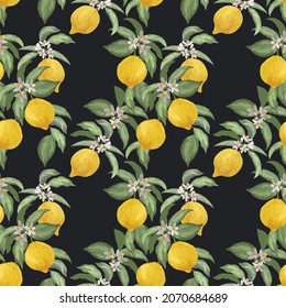 Seamless citrus pattern. Hand drawn vector illustration with lemons.Template for print, textile,wallpaper cover and box design. Summer background.