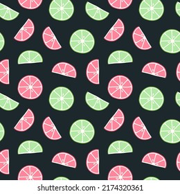 Seamless citrus pattern. Juicy fresh lime and grapefruit slices isolated on dark background. Fruit print for fabric, wrapping paper, wallpaper. Hand drawn flat style. Cute summer vector illustration