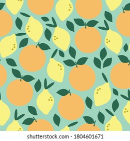 Seamless citrus pattern. Juicy lemons and oranges, leaves on a green background. The print is suitable for Wallpaper and textiles.