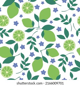 
Seamless citrus pattern. juicy limes on a branch and flowers. white background. Fashionable print for textiles and wallpaper.