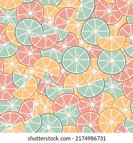 Patrón de cítricos sin foco. Naranja jugosa, lima, rodajas de pomelo. Colores dulces de crema de frutas. Doodle dibujado a mano. Impresión de verano de Kawaii para textiles, papel de embalaje, embalaje, menú, papel tapiz, fondo