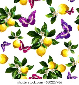 Seamless citrus pattern with lemon and butterfly.Hand drawn vector illustration .Template for print, textile,wallpaper cover and box design.