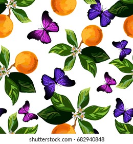 Seamless citrus pattern with lemon and butterfly.Hand drawn vector illustration .Template for print, textile,wallpaper cover and box design.