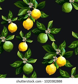 Seamless citrus pattern. Lemon Fruits Background. Flowers, Leaves, Lemons. Vector