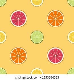 Seamless citrus pattern. Lemon, lime, orange, grapefruit. Juicy texture, background with slices of different fruits. Flat design. Vector Illustration.