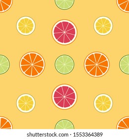 Seamless citrus pattern. Lemon, lime, orange, grapefruit. Juicy texture, background with slices of different fruits. Flat design. Vector Illustration.