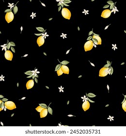 Seamless citrus pattern with lemons. Black Vector illustration.