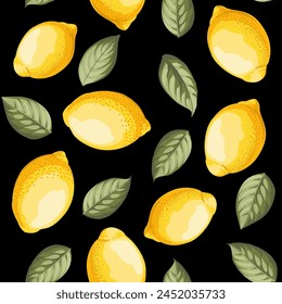 Seamless citrus pattern with lemons. Black Vector illustration.