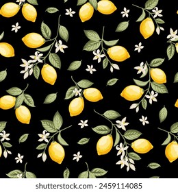 Seamless citrus pattern with lemons. Black Vector illustration.