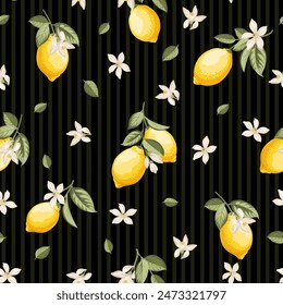 Patrón de cítricos sin costura con limones. Ilustración vectorial negra.