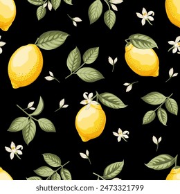 Seamless citrus pattern with lemons. Black Vector illustration.