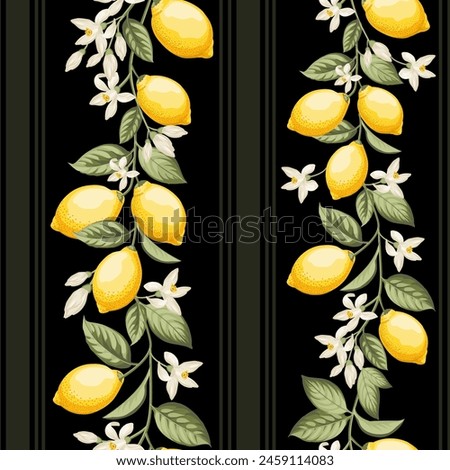 Seamless citrus pattern with lemons. Black Vector illustration.