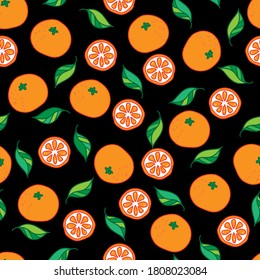 Patrón de cítricos sin foco sobre fondo negro. Ilustración vectorial a mano de naranjas y hojas.