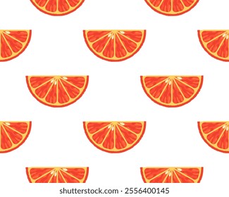 Seamless citrus pattern. Seamless pattern of orange slices on white background. Citrus fruit half repeating design. Design for wallpaper, textile, print, or wrapping paper.