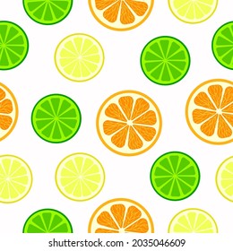 Seamless citrus pattern of orange,lemon and lime slices on a white background.Vector fruit pattern can be used in textiles,juice packs,notebook covers,postcards, wallpaper.