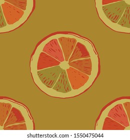 seamless citrus pattern with oranges on ocher backround. fabric design, textile, wrapping paper design, background, wallpaper design. sweet and bright colors. 