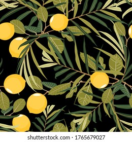 Seamless citrus pattern with palm leves. Hand drawn illustration with lemons. Template for print, textile,wallpaper cover and box design.