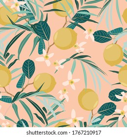Seamless citrus pattern with palm leves. Hand drawn illustration with lemons. Template for print, textile,wallpaper cover and box design.