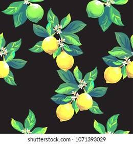 Seamless citrus pattern with palm leves.Hand drawn vector illustration with lemons.Template for print, textile,wallpaper cover and box design