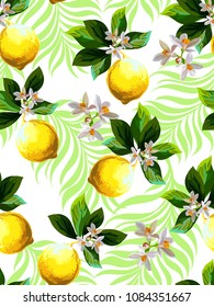 Seamless citrus pattern with palm leves.Hand drawn vector illustration with lemons.Template for print, textile,wallpaper cover and box design.