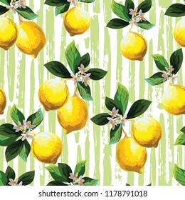 	
Seamless citrus pattern with palm leves.Hand drawn vector illustration with lemons.Template for print, textile,wallpaper cover and box design