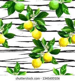 	
Seamless citrus pattern with palm leves.Hand drawn vector illustration with lemons.Template for print, textile,wallpaper cover and box design