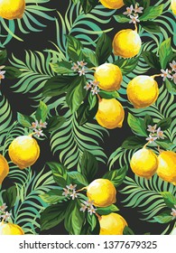 Seamless citrus pattern with palm leves.Hand drawn vector illustration with lemons.Template for print, textile,wallpaper cover and box design.