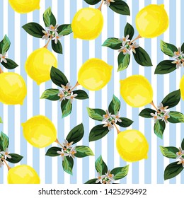 Seamless citrus pattern with palm leves.Hand drawn vector illustration with lemons.Template for print, textile,wallpaper cover and box design.