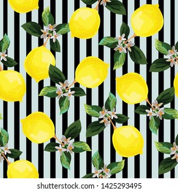 Seamless citrus pattern with palm leves.Hand drawn vector illustration with lemons.Template for print, textile,wallpaper cover and box design.