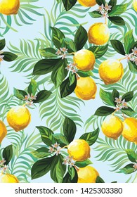 Seamless citrus pattern with palm leves.Hand drawn vector illustration with lemons.Template for print, textile,wallpaper cover and box design.